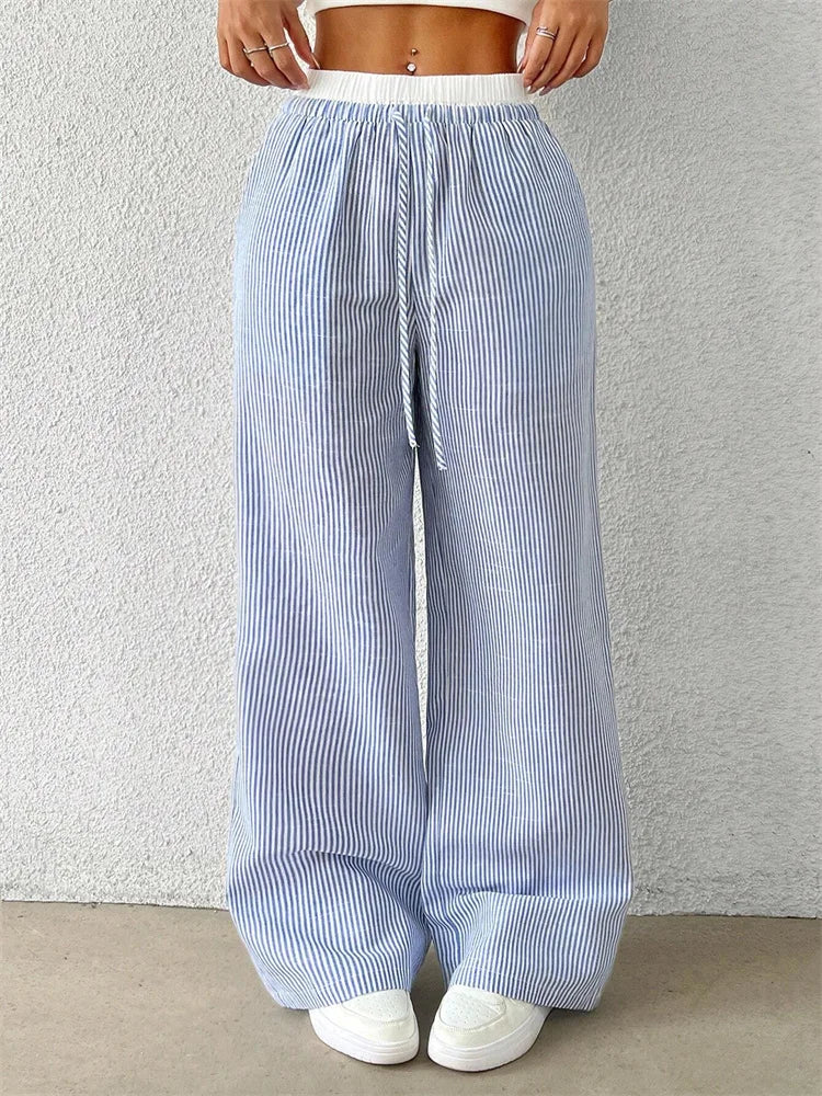 Women's casual striped woven wide leg pants