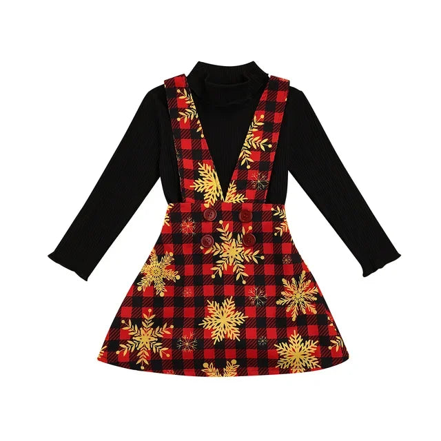 Solid Turtleneck Tops + Plaid Suspender Skirt Set