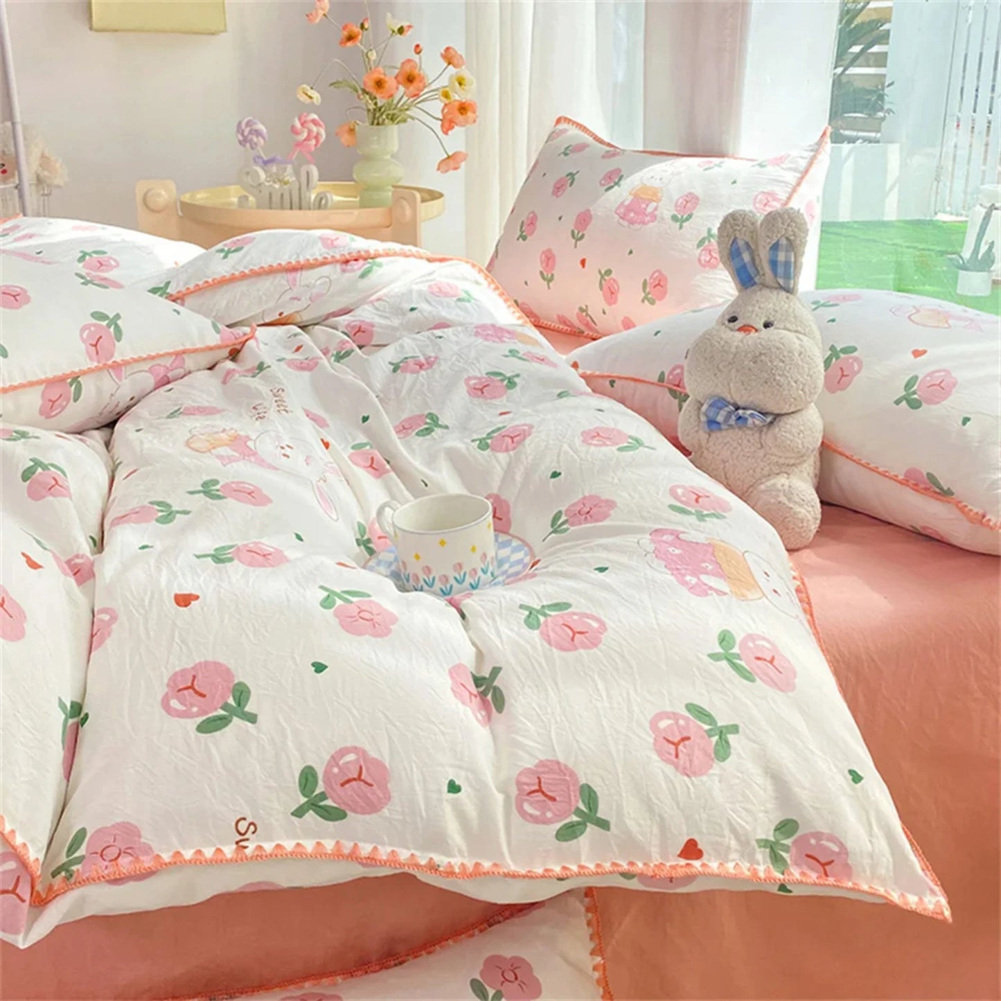 Flowers rabbit comforter soft bedding set