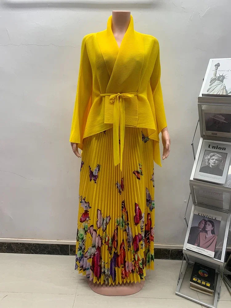 Pleated top + print long skirt sets plus size outfit