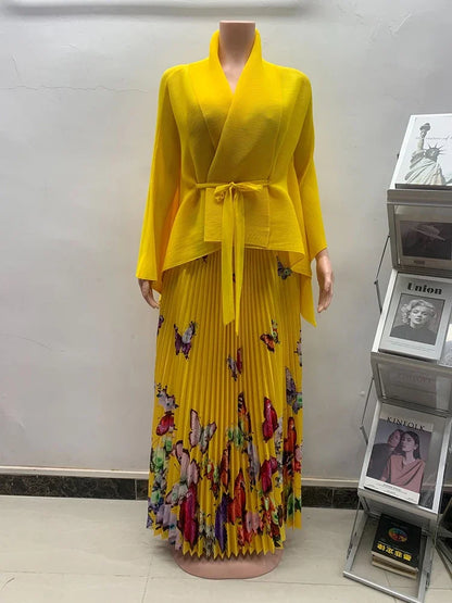 Pleated top + print long skirt sets plus size outfit