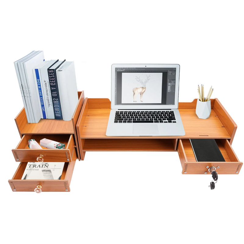 2 Keys Computer Rack with Drawers & Phone Holder Wood