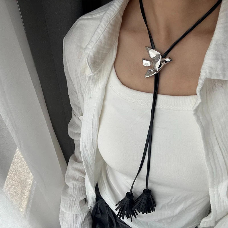 PU Leather Chain Metal Peace Dove Necklace