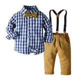 Long Sleeve Plaid Bowtie Tops+Suspender Pants Set