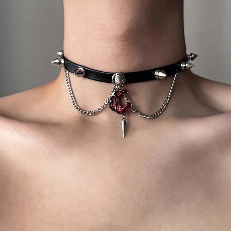 Punk Crystal Cross Moon Pendent Necklace