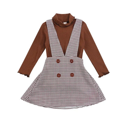 Solid turtleneck tops + plaid suspender skirt set