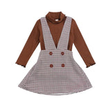Solid Turtleneck Tops + Plaid Suspender Skirt Set