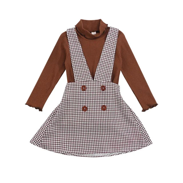 Solid Turtleneck Tops + Plaid Suspender Skirt Set