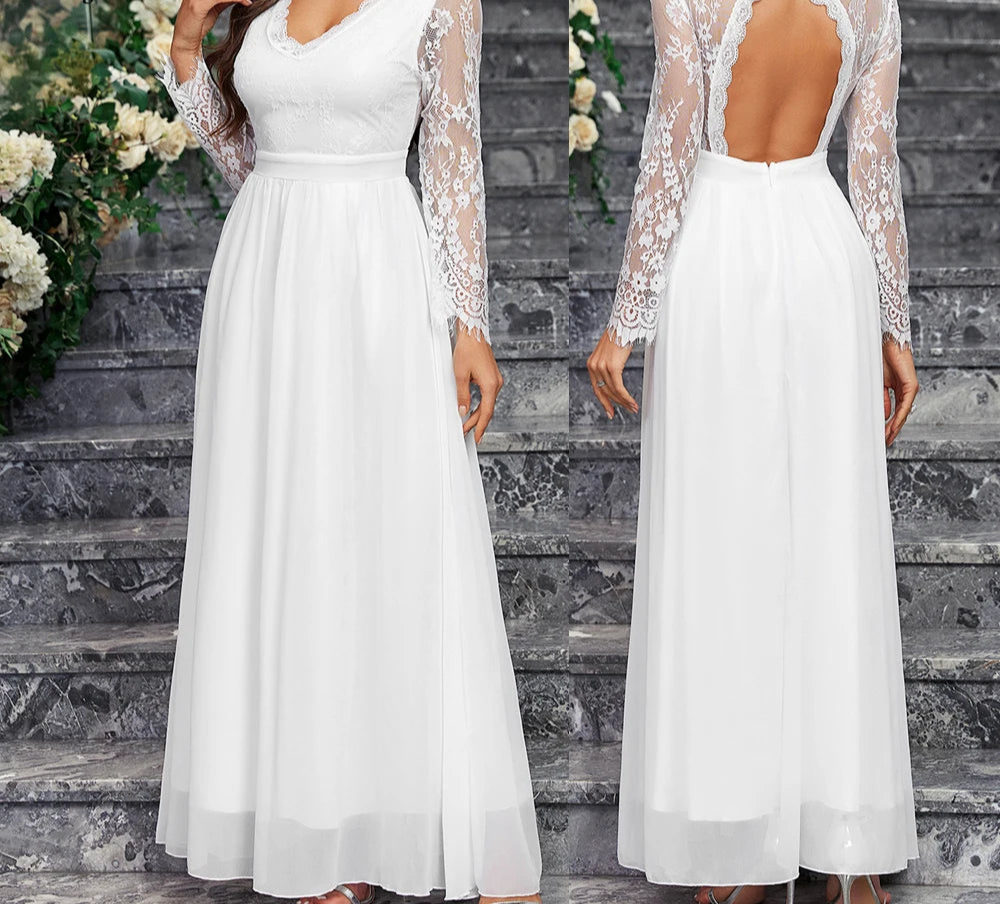 Women's floral lace maxi long sleeve wedding dress