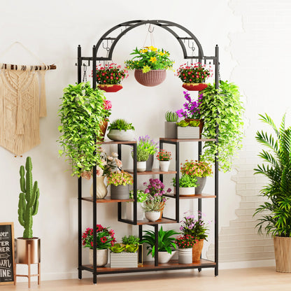 Arched metal flower shelf with hanging hooks