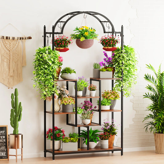 Arched metal flower shelf with hanging hooks