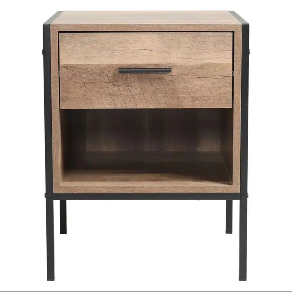 Metal frame wood industrial bedside table