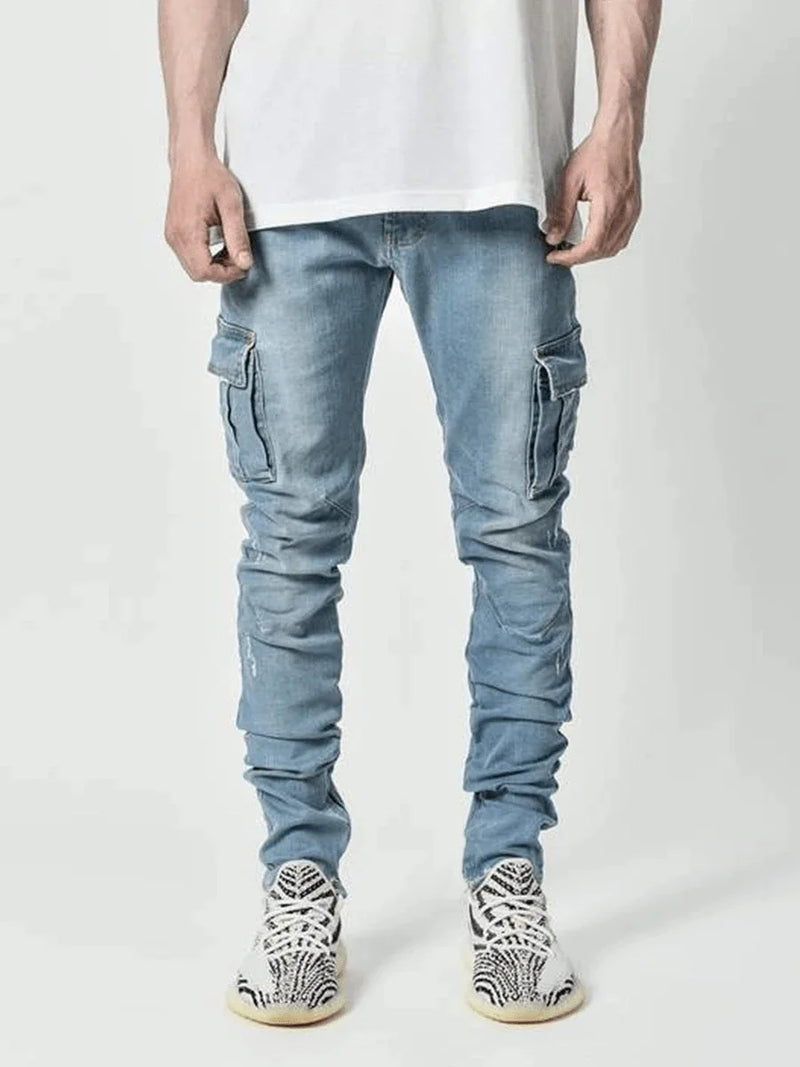 Multi Pockets Denim Mid Waist Cargo Jeans