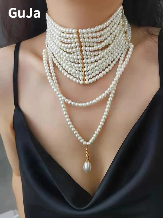 Multi Layer Simulated Pearl Tassel Pendant Necklace