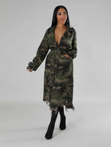 Camouflage Long Lace Up Straight Coat