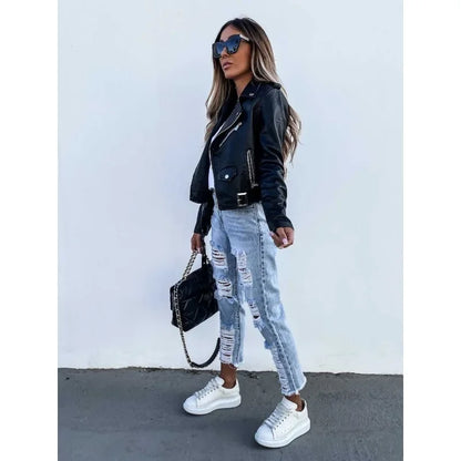 Women's long sleeve zipper pu leather jacket