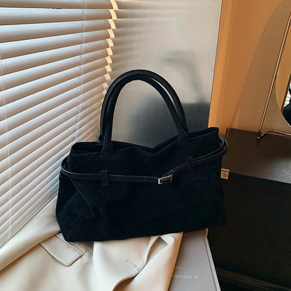 Buckle decorative design faux suede handbag