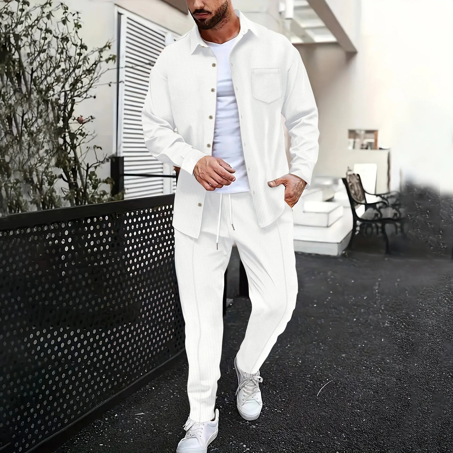 Men's plain waffle long sleeve pants suit