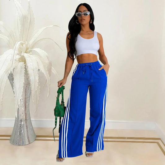 High waist stripe patchwork lace up pants