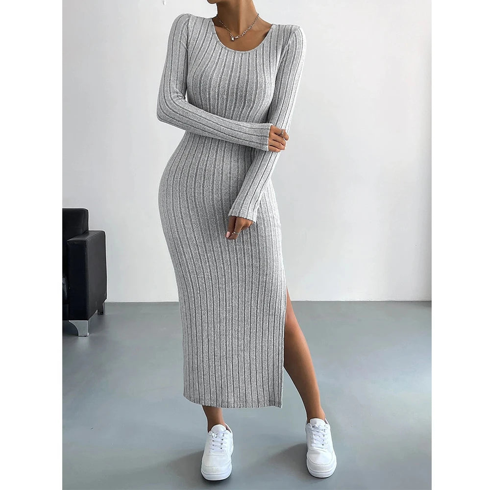 Winter knitted stripe split elastic bodycon dress
