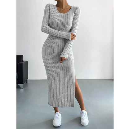 Winter knitted stripe split elastic bodycon dress
