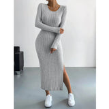 Winter Knitted Stripe Split Elastic Bodycon Dress