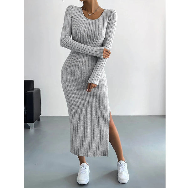 Winter Knitted Stripe Split Elastic Bodycon Dress