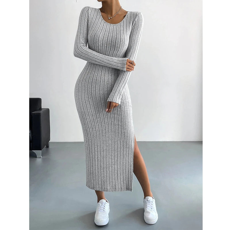 Winter Knitted Stripe Split Elastic Bodycon Dress