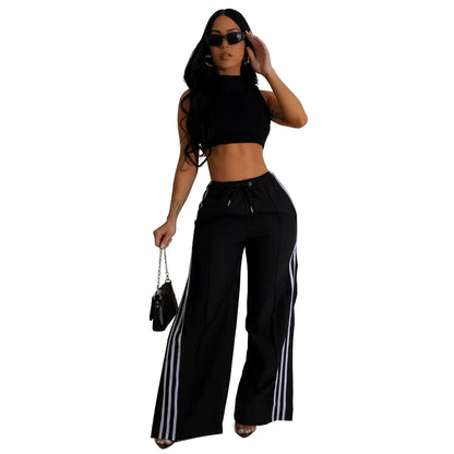 High waist stripe patchwork lace up pants
