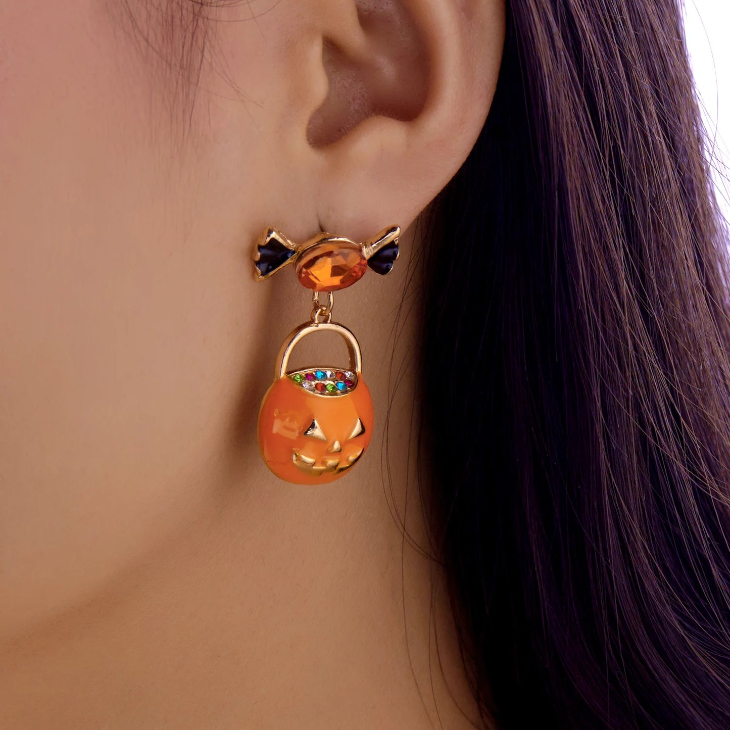 Gothic Punk Rhinestone Bow Pumpkin Earrings