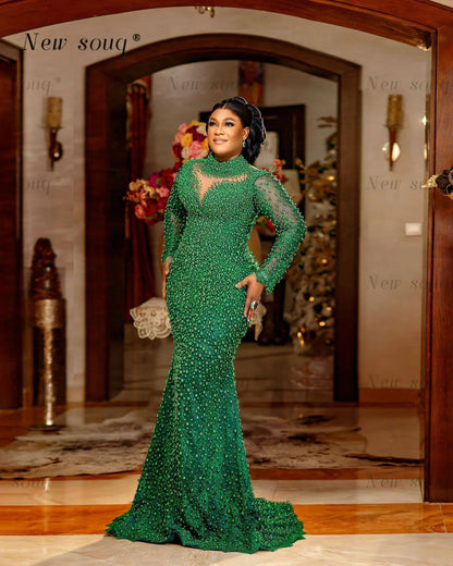 Pearls beaded long sleeves mermaid evening dress