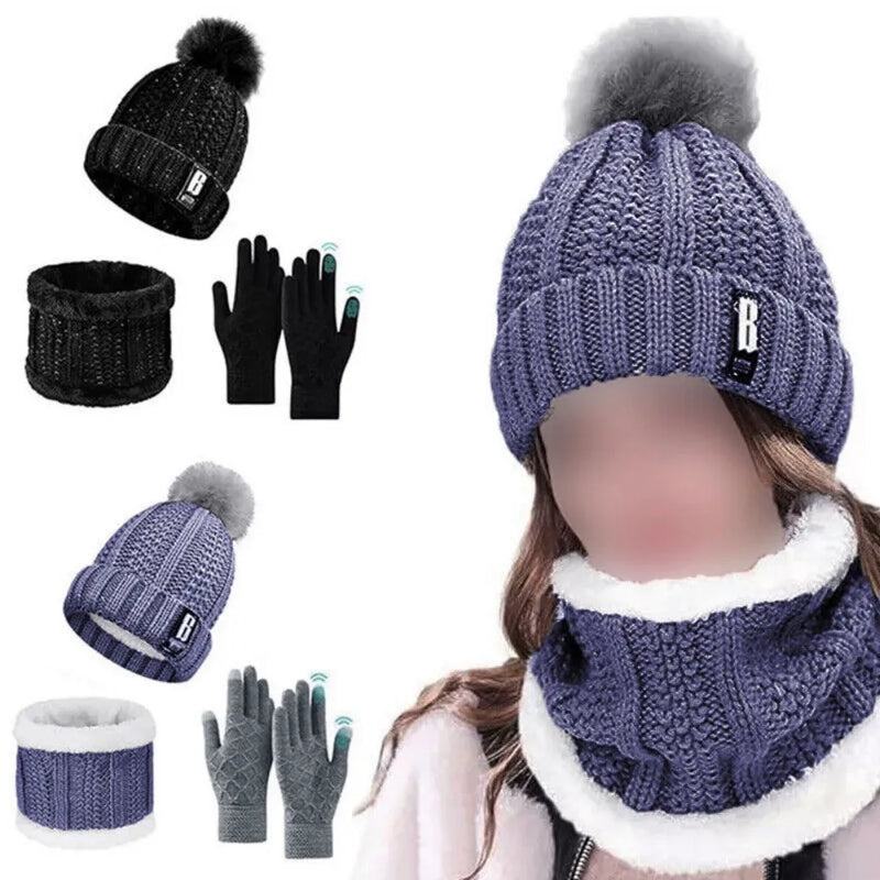 Thick Knit Hat Scarf and Touchscreen Gloves Set
