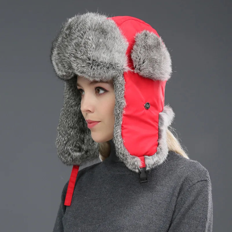 Windproof super warm real rabbit fur bomber hat