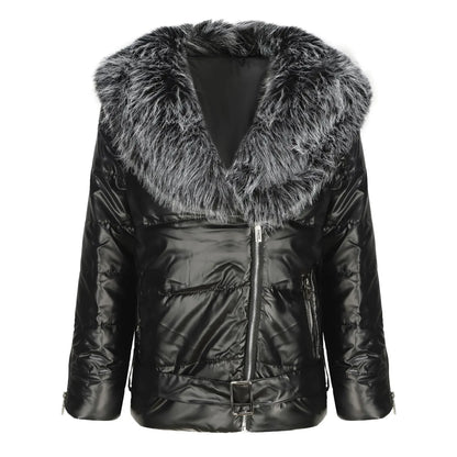 Women's glossy big fur collar cotton-padded coat