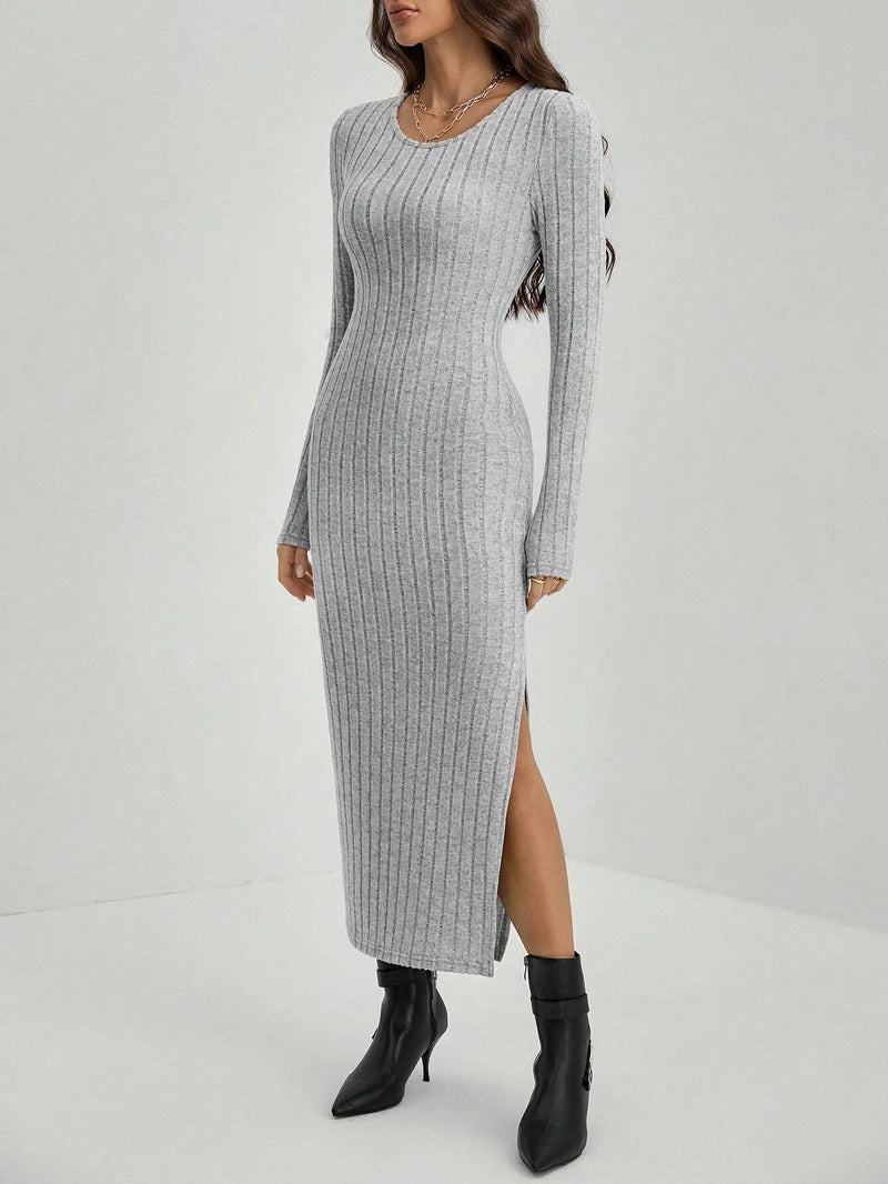 Winter Knitted Stripe Split Elastic Bodycon Dress