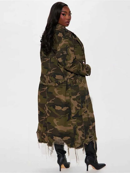 Camouflage long lace up straight coat