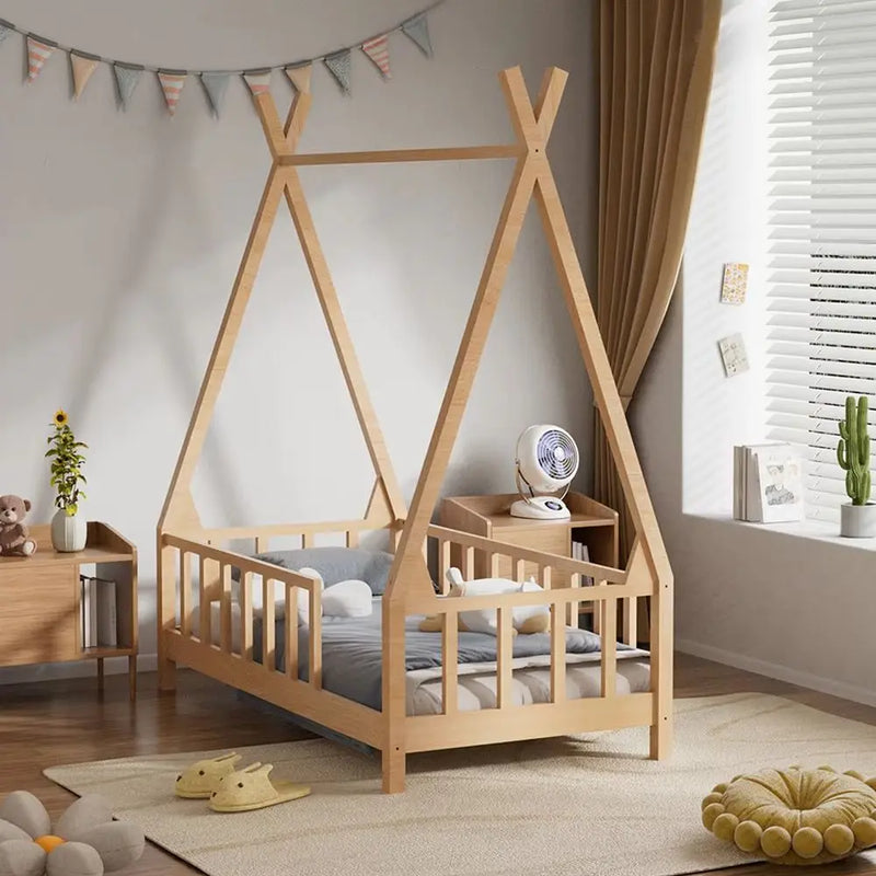 Premium wood kid's house bed frame with fence