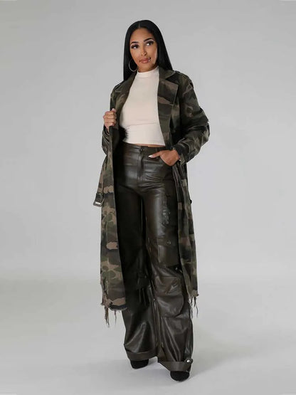 Camouflage long lace up straight coat