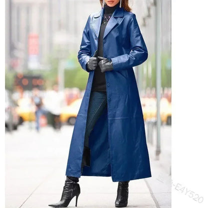 Fashion button leather long-cut coat