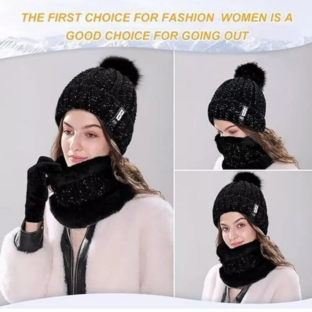 Thick Knit Hat Scarf and Touchscreen Gloves Set