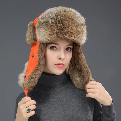 Windproof super warm real rabbit fur bomber hat