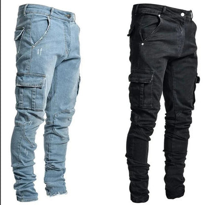 Multi pockets elastic denim jeans
