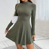 Long Sleeve High Waisted Flare Hem Casual Dress