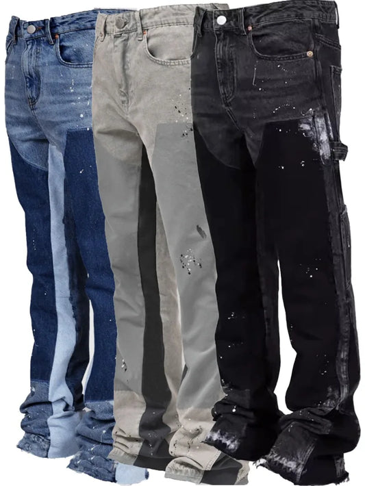 Men's painting patch baggy stacked jeans