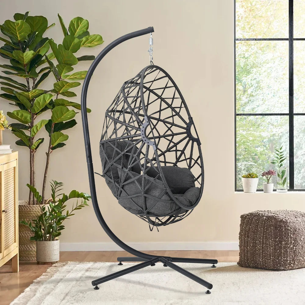 Woven outdoor egg chair with stand and cushion