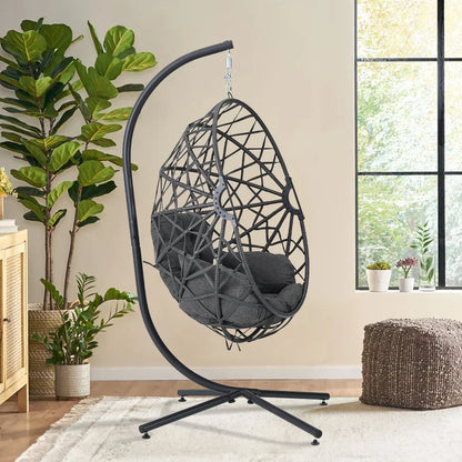 Woven outdoor egg chair with stand and cushion