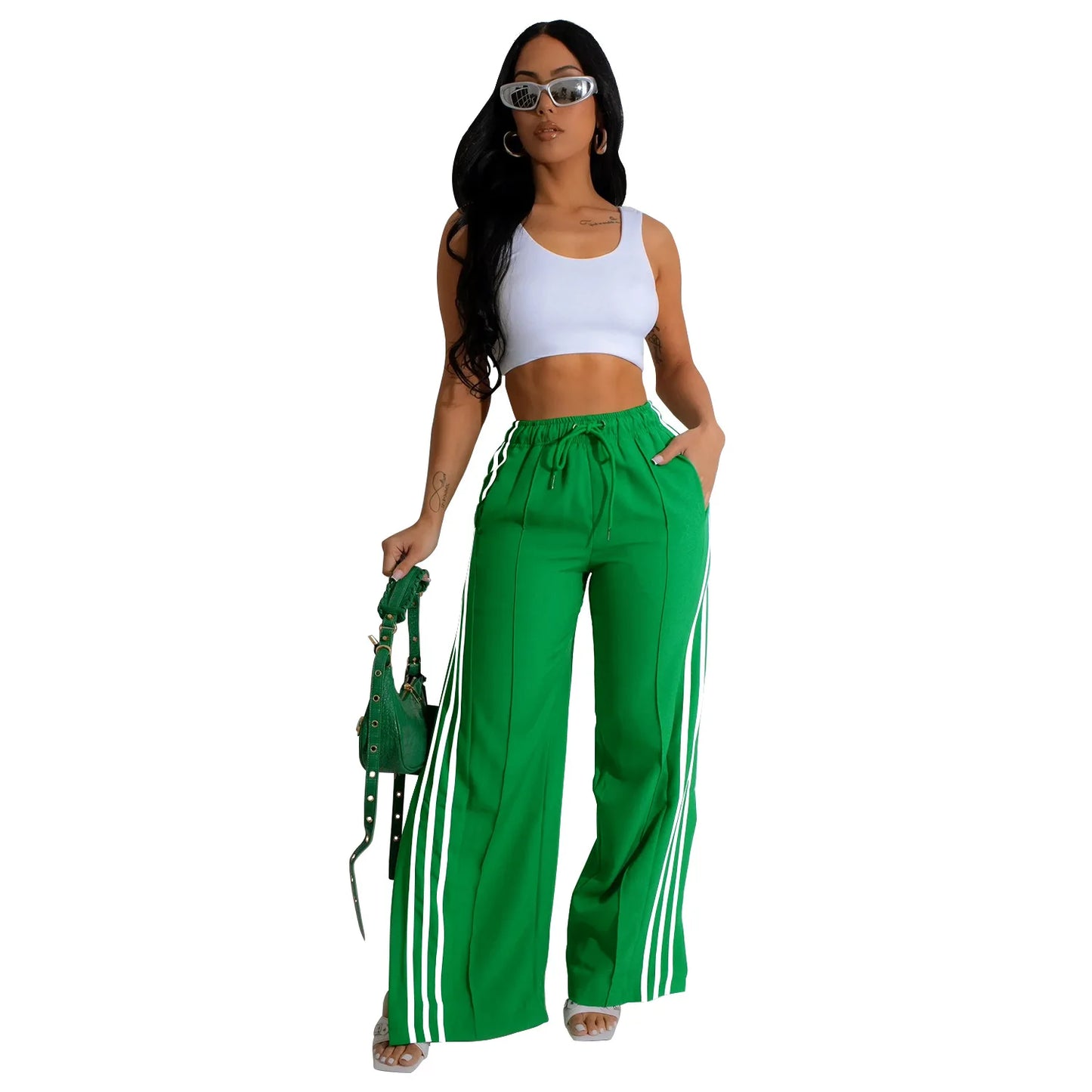 High waist stripe patchwork lace up pants
