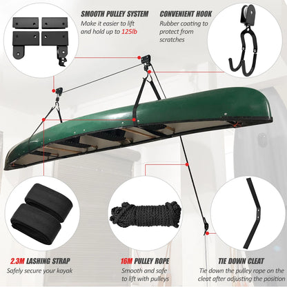 Kayak lift hanging pulley system