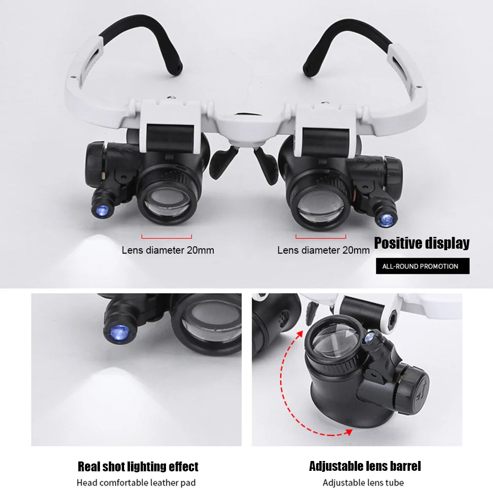 2led head-mounted illuminating telescopic magnifier glasses