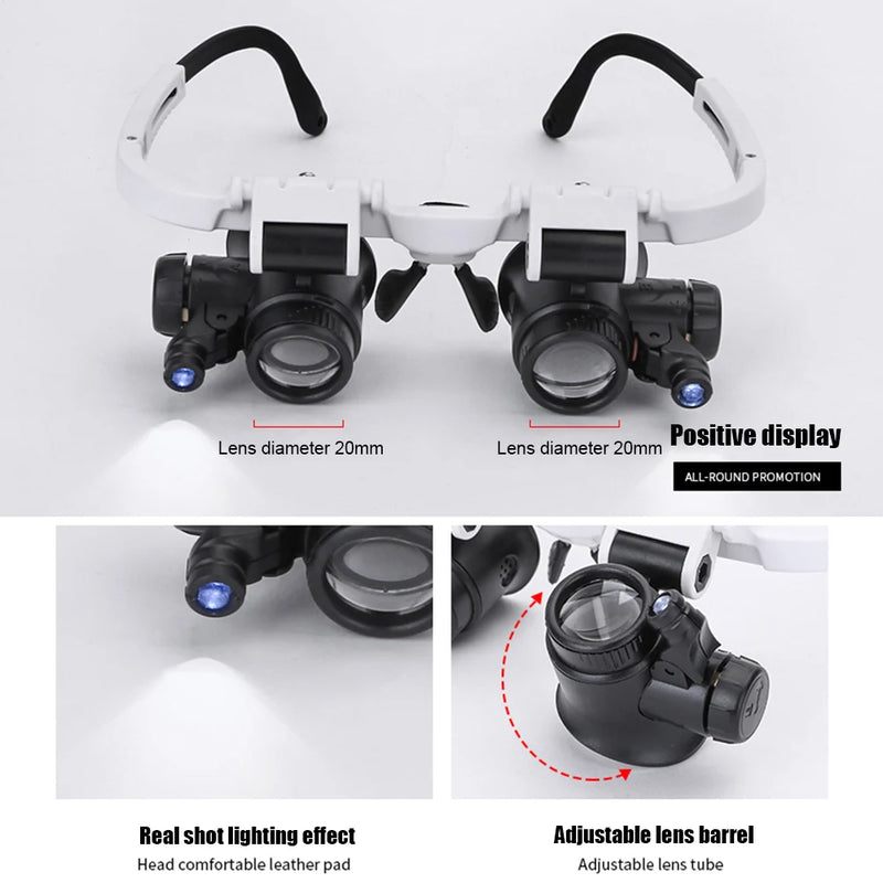 2led head-mounted illuminating telescopic magnifier glasses